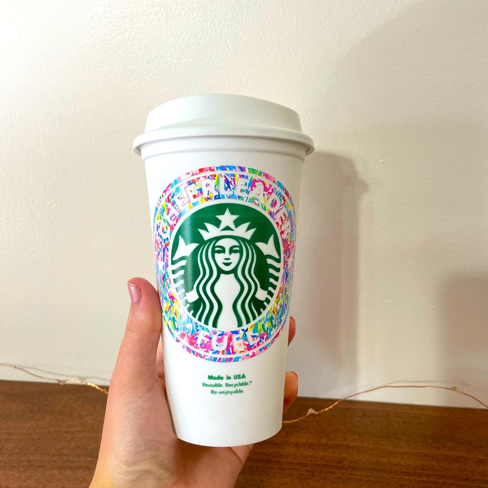 reusable starbucks coffee cup personalized with “cheerleader fuel”